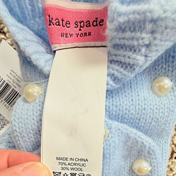 NWT Kate Spade Blue Pearl Knit Beanie & Mitten/ Fingerless Gloves Set - Picture 4 of 5